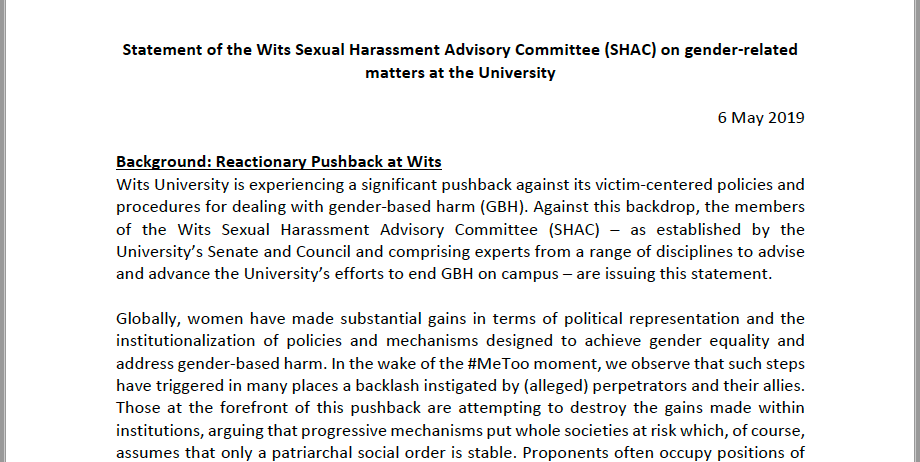 SHAC (Wits) reconfirms Policies and Procedures against Gender-Based Harm