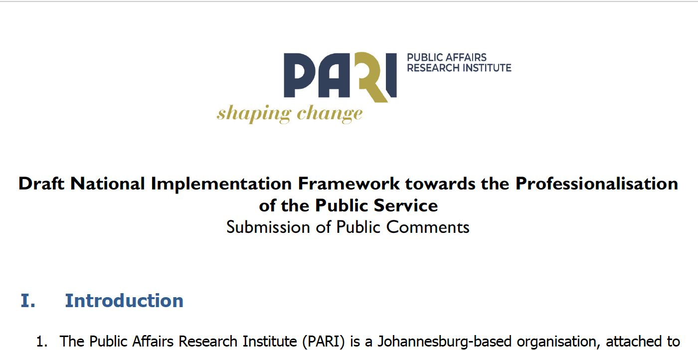 Professionalising the Public Service: Submission on the draft implementation framework