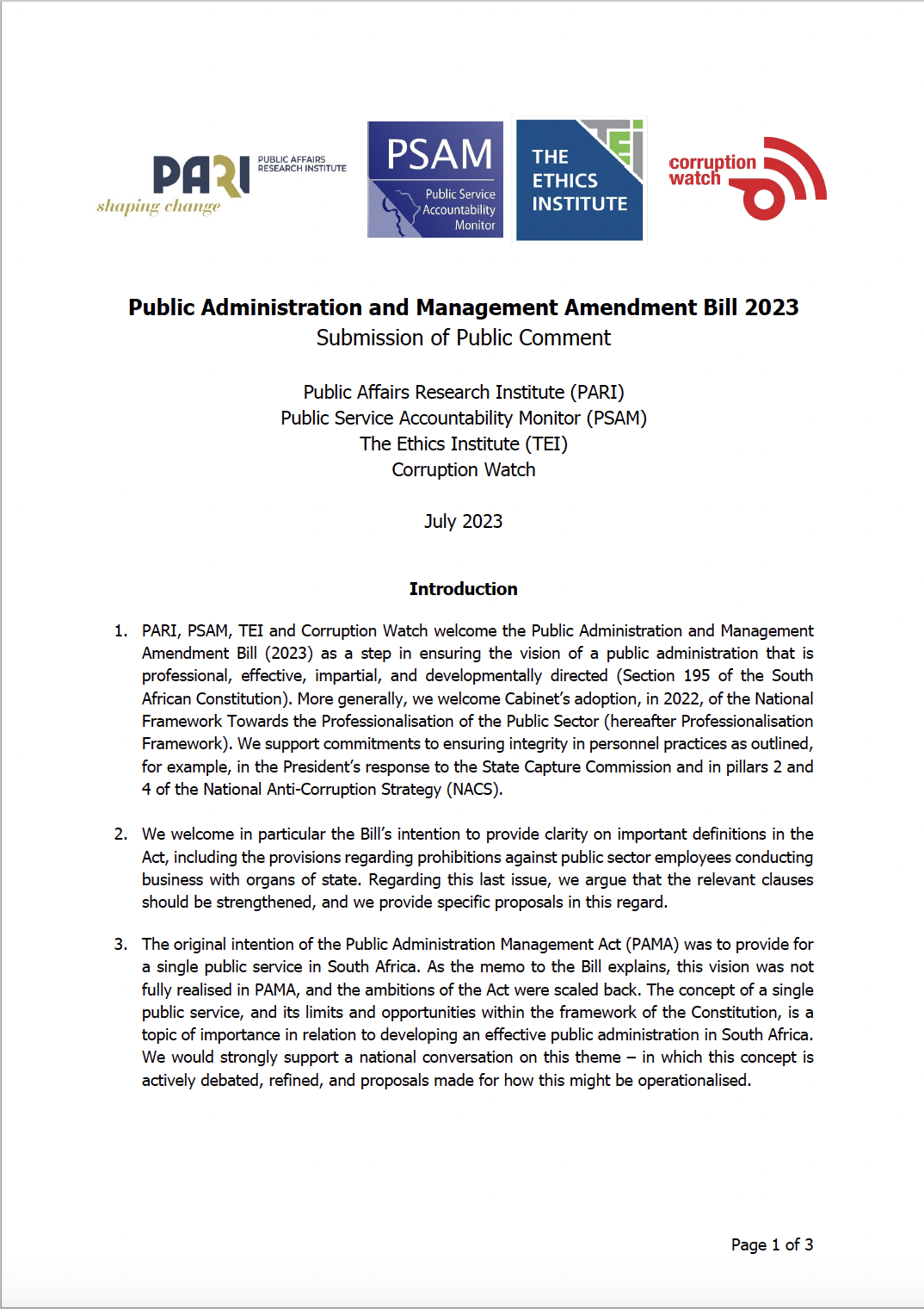 Public submission to Parliament on the Public Administration and Management Bill 2023