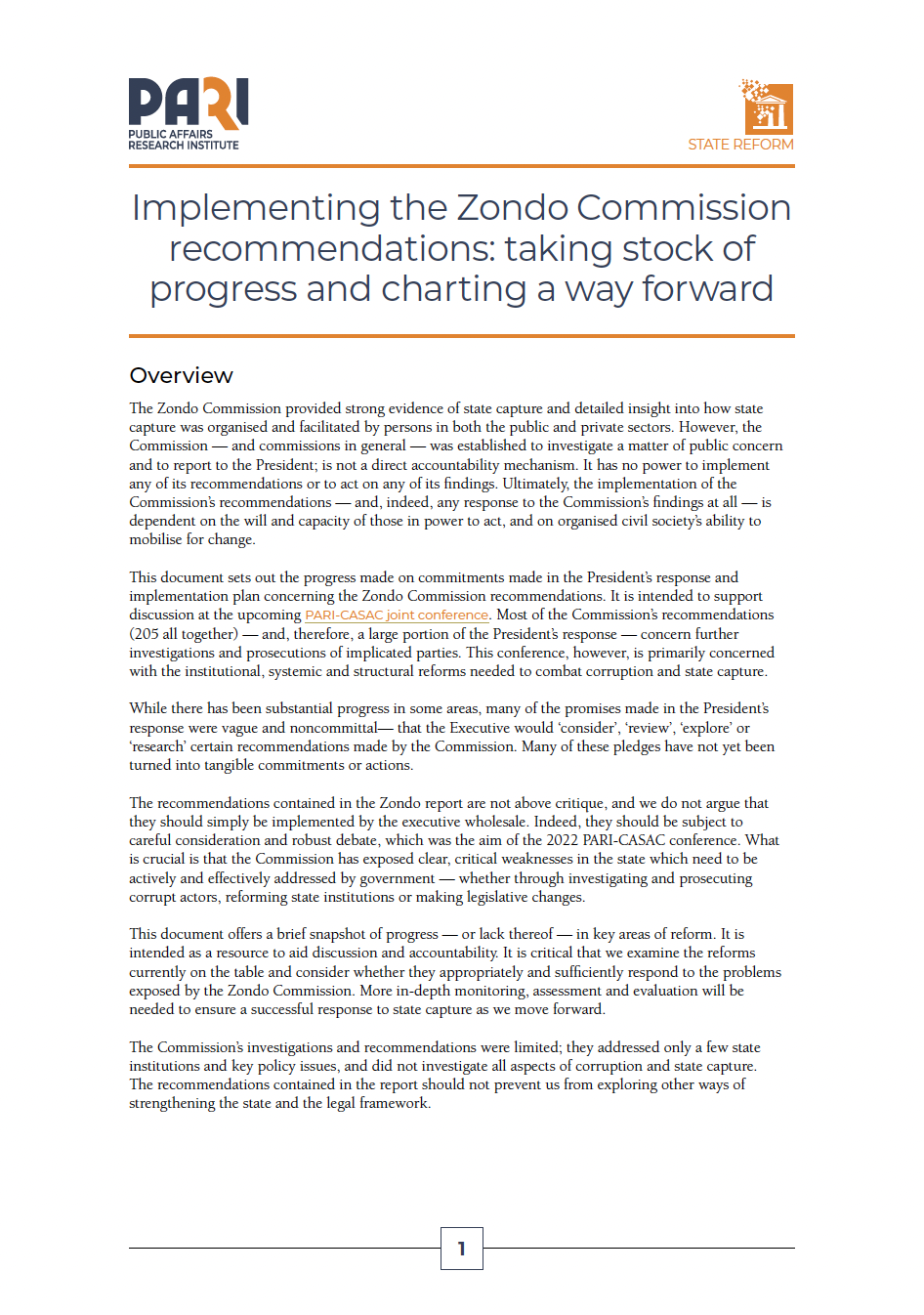 Discussion Document | Implementing the Zondo Commission Recommendations: Taking stock of progress and charting a way forward