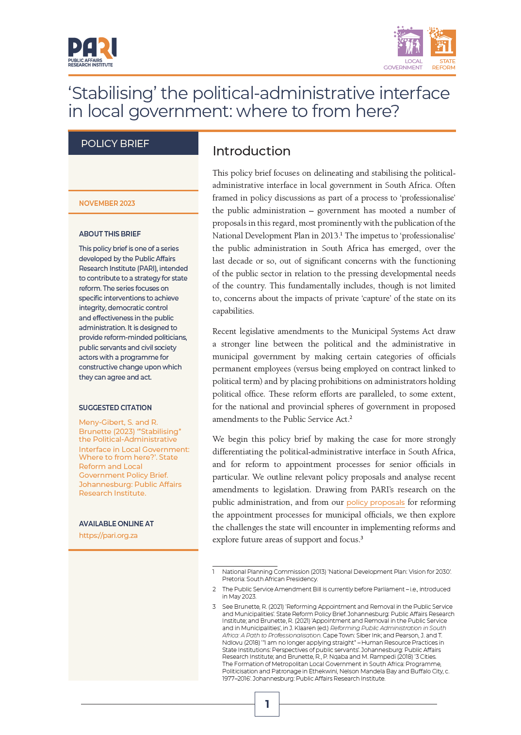Policy brief | ‘Stabilising’ the political-administrative interface in local government: where to from here?