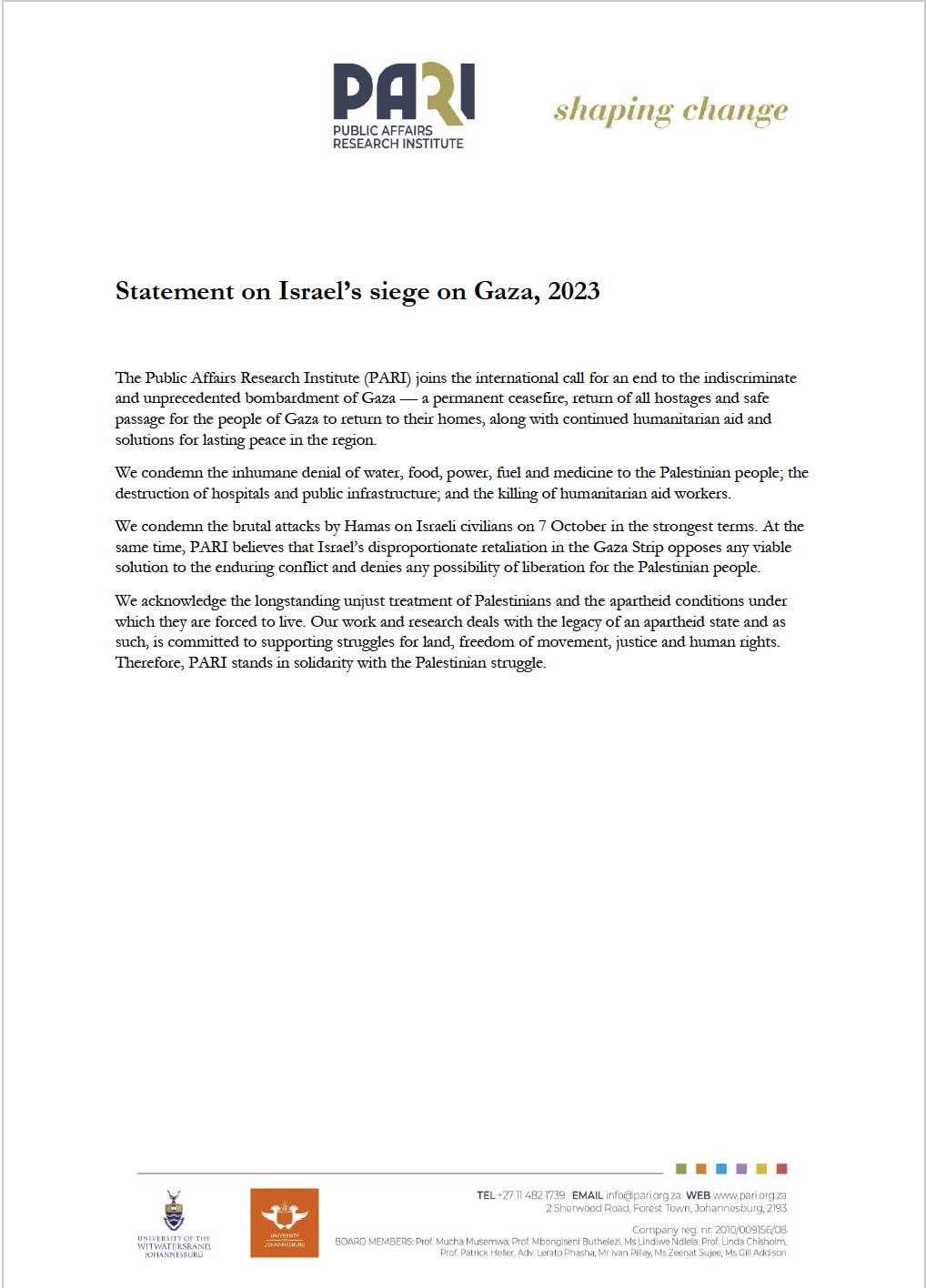 Statement on Israel’s siege on Gaza, 2023