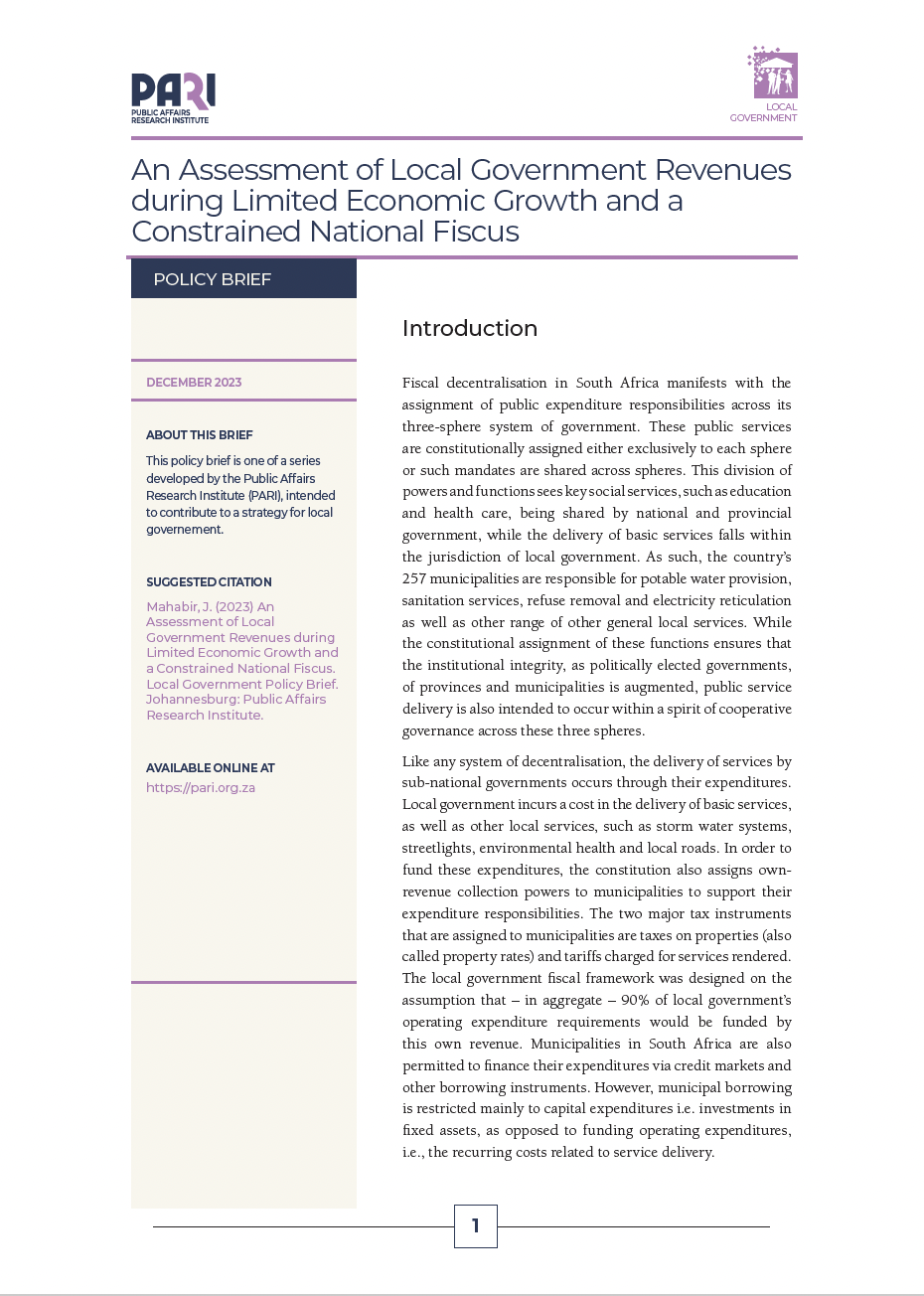 Policy brief | An Assessment of Local Government Revenues During Limited Economic Growth and a Constrained National Fiscus