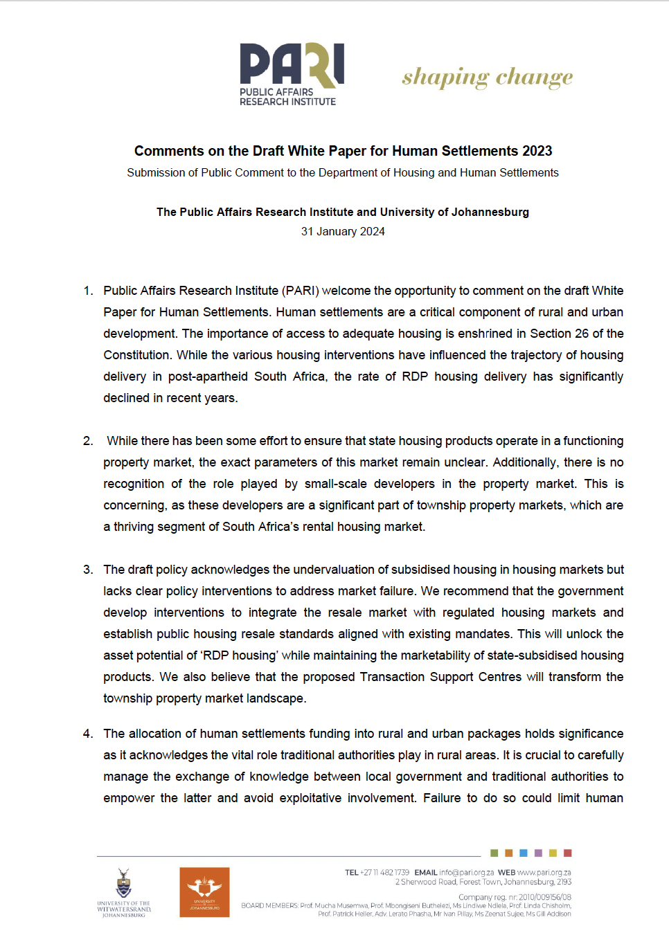Comments on the Draft White Paper for Human Settlements 2023