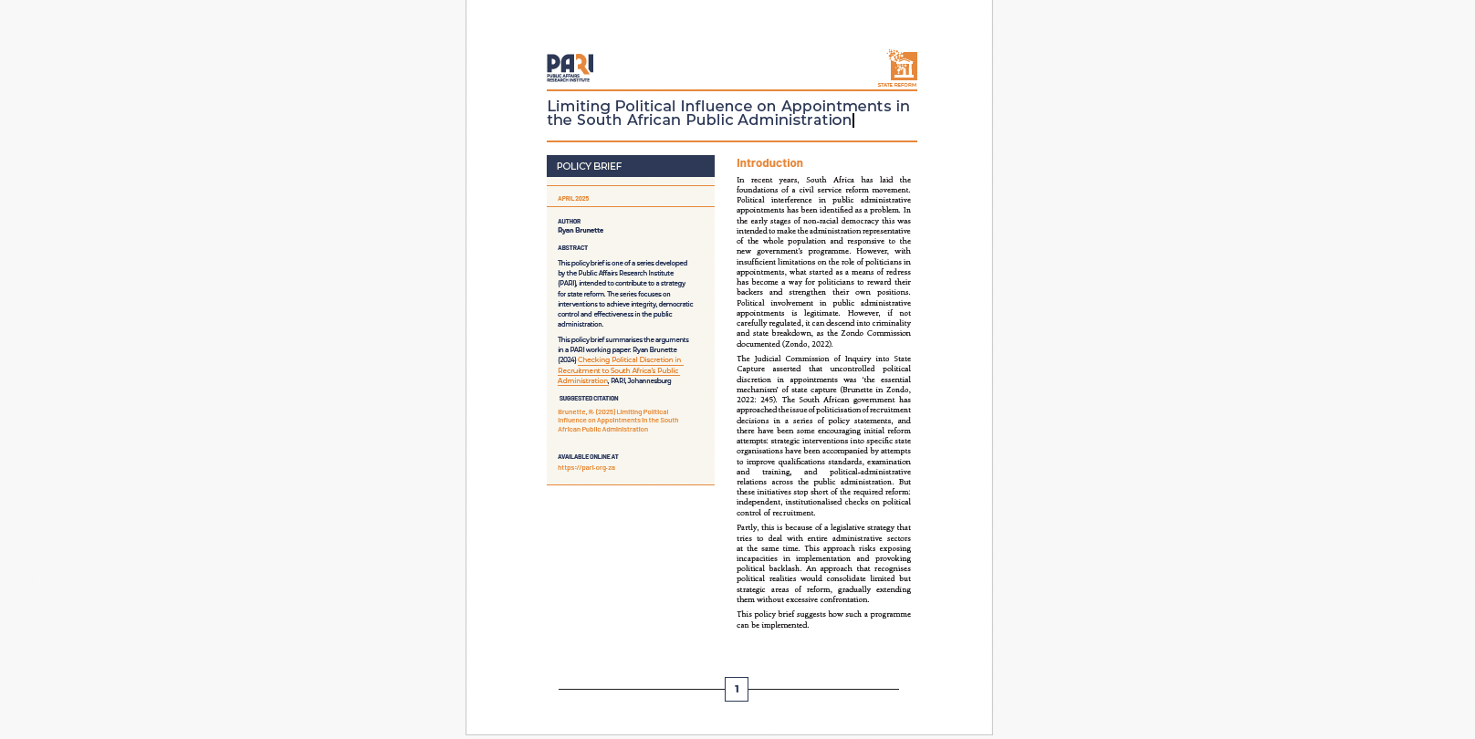 Policy brief | Limiting Political Influence on Appointments in the South African Public Administration
