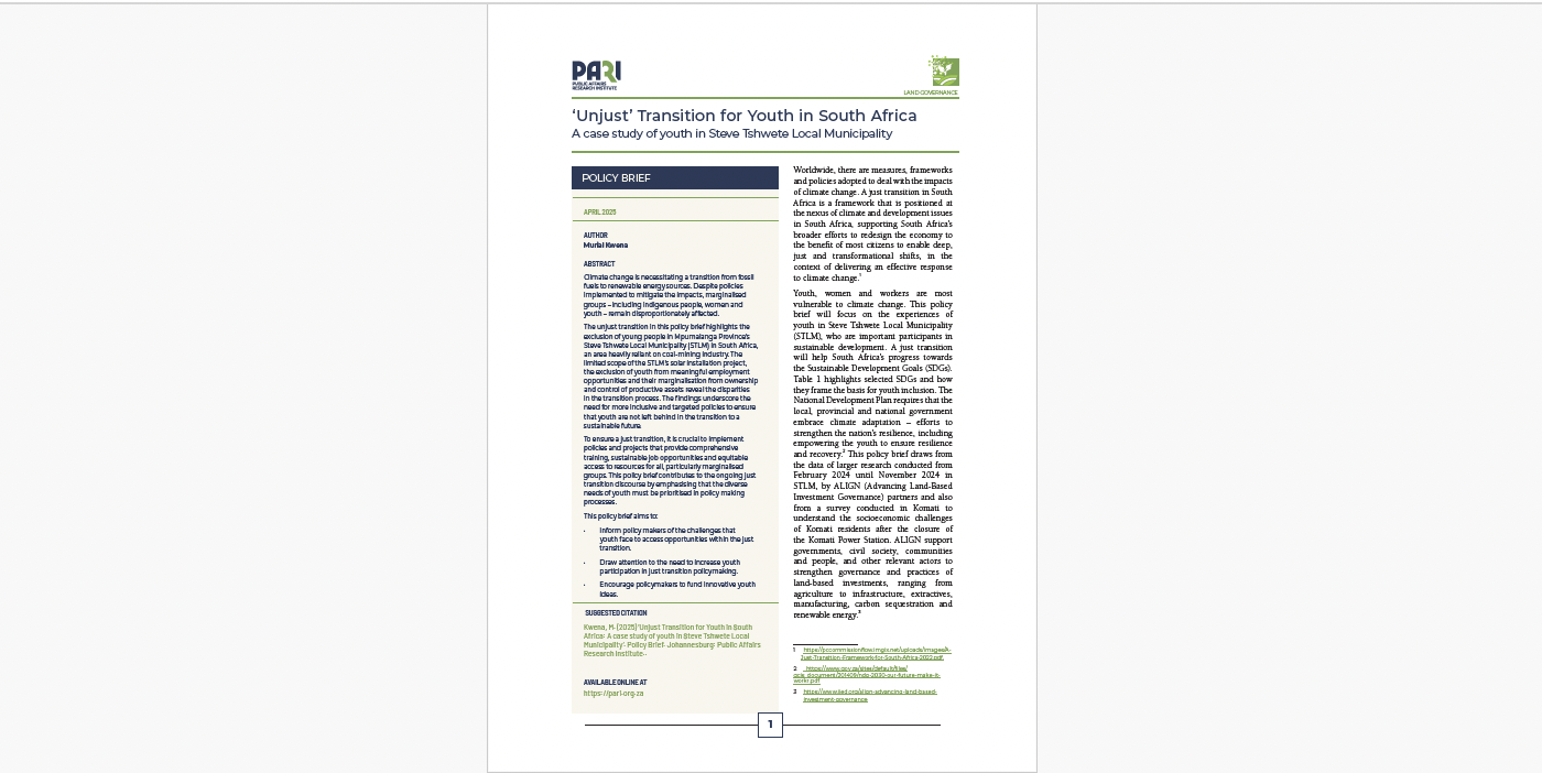 Policy brief | ‘Unjust’ Transition for Youth in South Africa: A case study of youth in Steve Tshwete Local Municipality